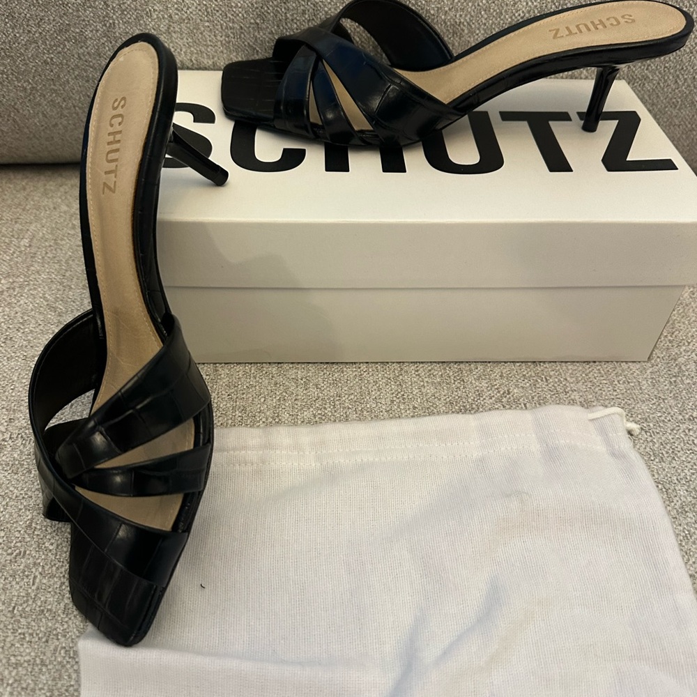 SCHUTZ Black Croc-Embossed Keefa Leather Mules New/ Box & Dustbag Size 8 60mm - Picture 8 of 11